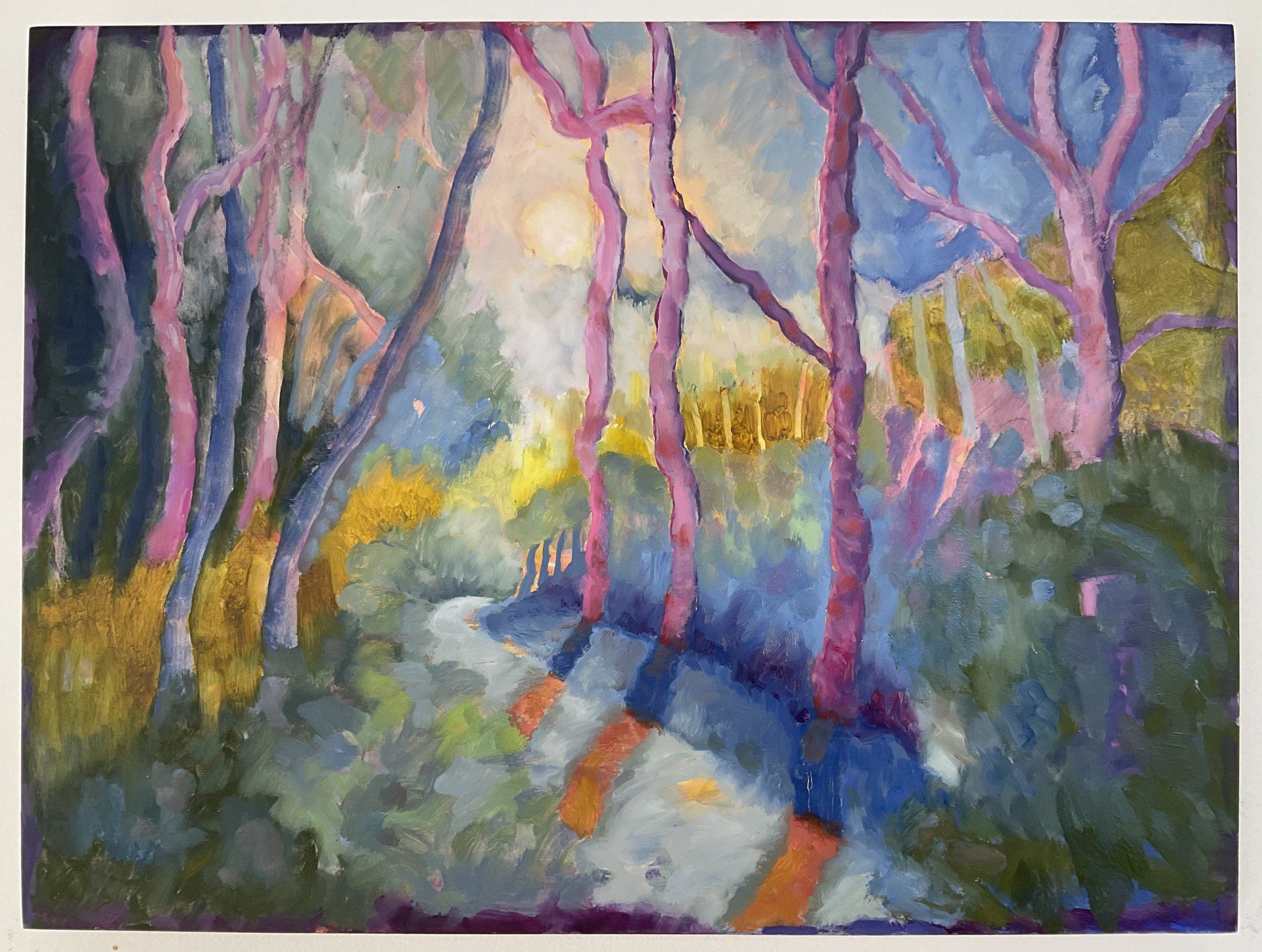 Image shows a studio view with pink roses set up for painting for the Artist Profile Sharing Stories and Connections Through Bold Colours and Mark-Making with Julie McDonald Art Trails Tasmania