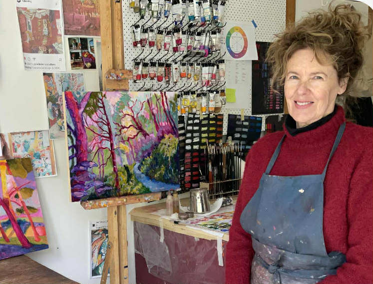 Image shows Julie McDonald for her Artist Profile Sharing Stories and Connections Through Bold Colours and Mark-Making with Julie McDonald Art Trails Tasmania