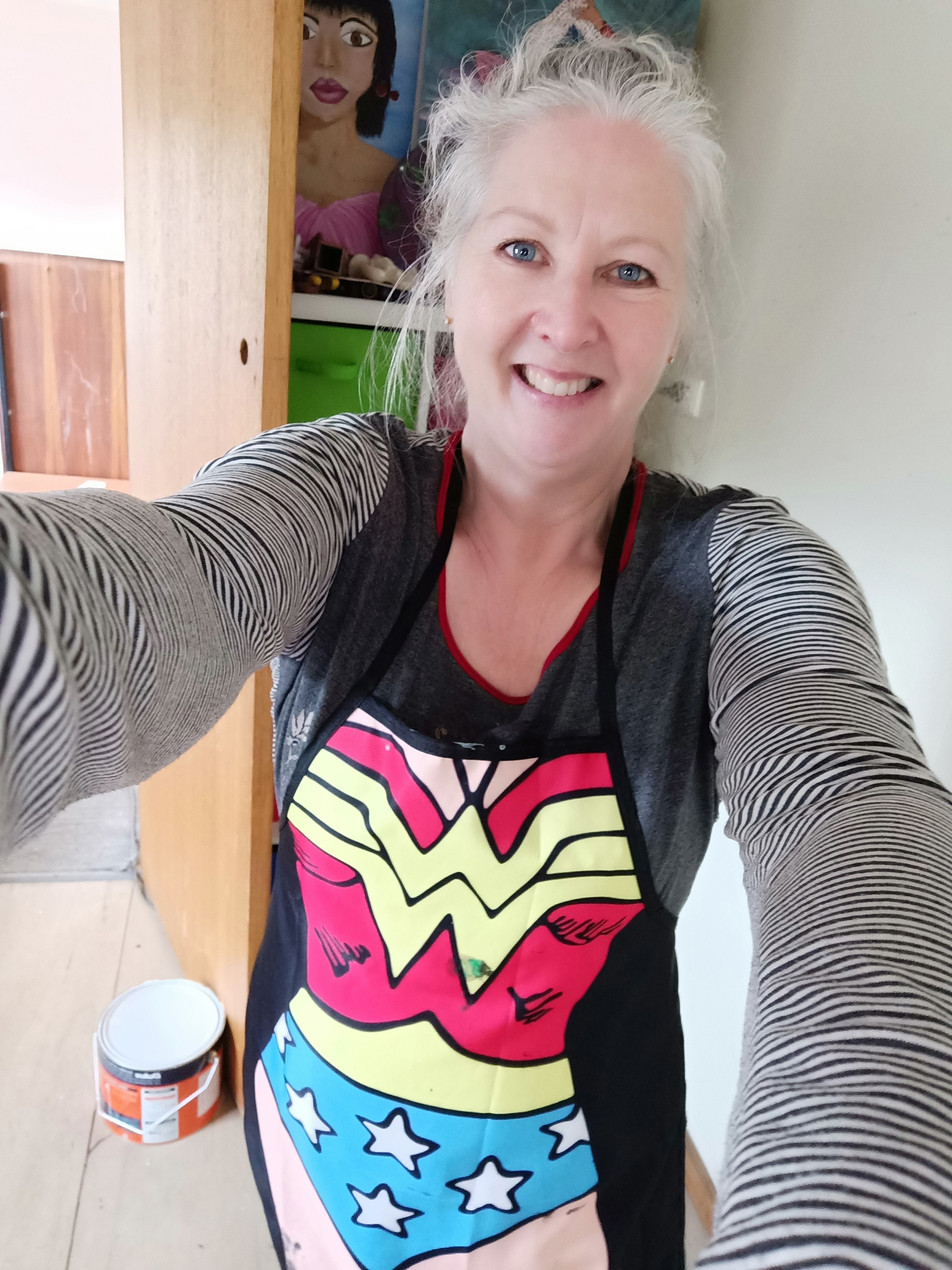 Image shows Julie McDonald for her Artist Profile Sharing Stories and Connections Through Bold Colours and Mark-Making with Julie McDonald Art Trails Tasmania