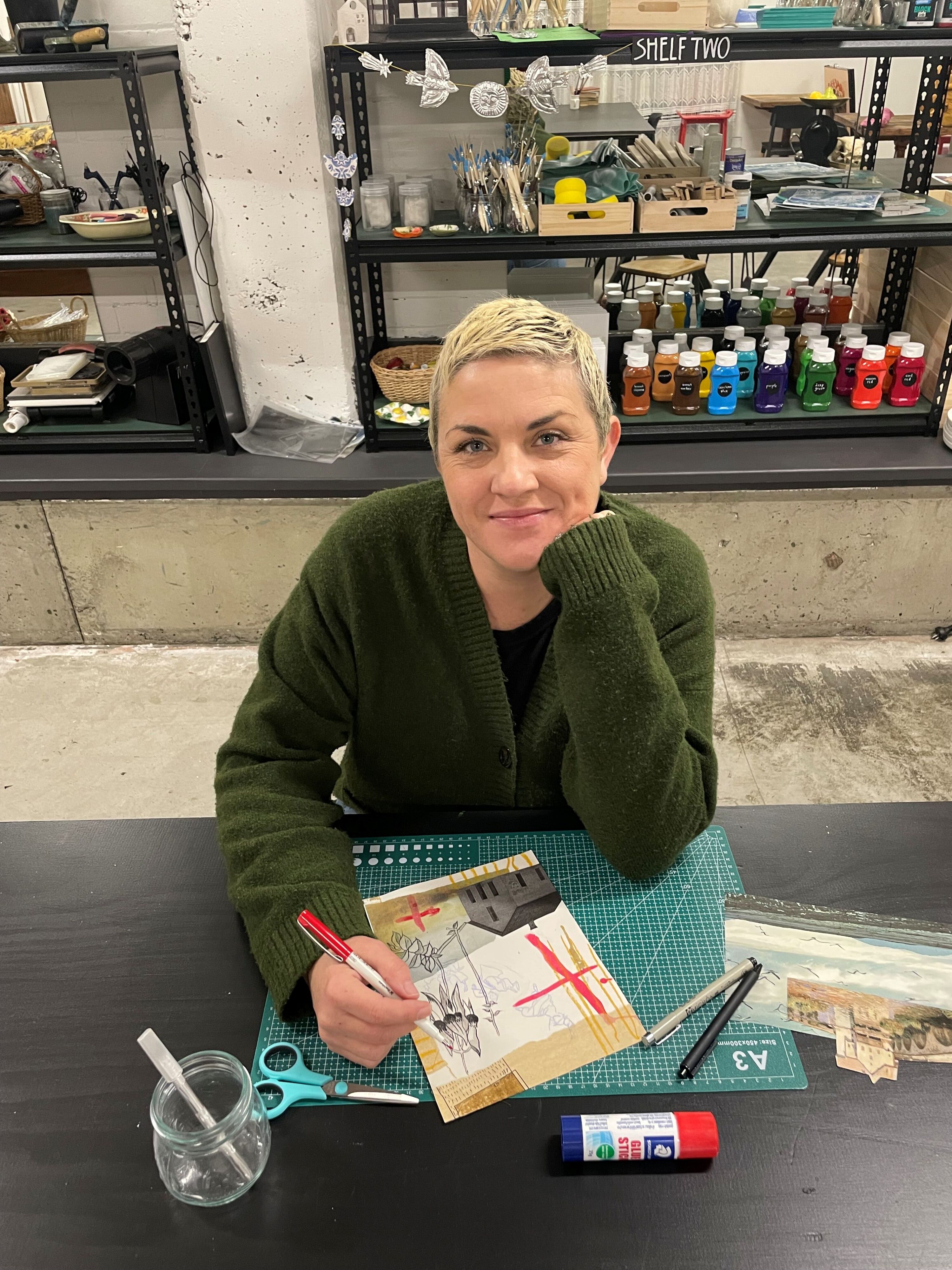 Image shows Julie McDonald for her Artist Profile Sharing Stories and Connections Through Bold Colours and Mark-Making with Julie McDonald Art Trails Tasmania