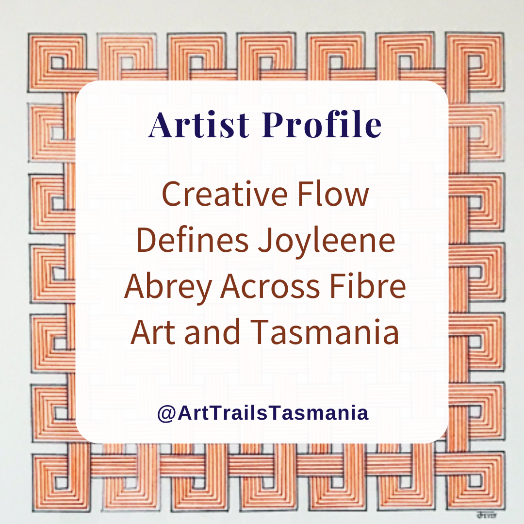 Image shows a background of a verdant landscape with rolling green hills, blue sky with passing clouds with the text reading Artist Profile Sharing Stories and Connections Through Bold Colours and Mark-Making with Julie McDonald Art Trails Tasmania