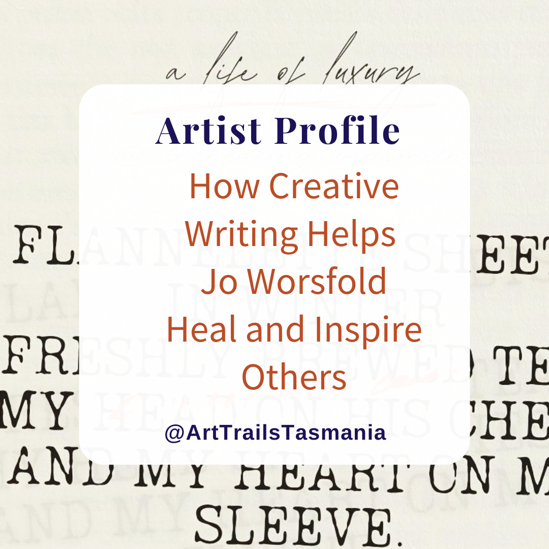 Image shows a background of a verdant landscape with rolling green hills, blue sky with passing clouds with the text reading Artist Profile Sharing Stories and Connections Through Bold Colours and Mark-Making with Julie McDonald Art Trails Tasmania