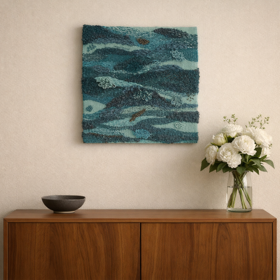 Image shows a verdant landscape with rolling green hills, blue sky with passing clouds for the Artist Profile Sharing Stories and Connections Through Bold Colours and Mark-Making with Julie McDonald Art Trails Tasmania