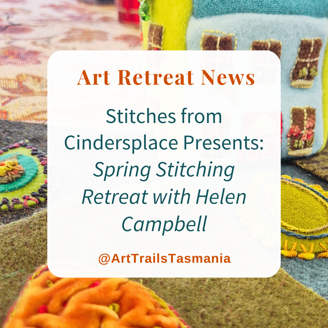 Image has a background of a textile art design with the text reading Workshop Beyond Print with Stitch with Gaye Nieuwenhof by Stitching and Beyond Art Trails Tasmania