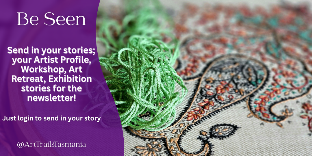 Image shows a background of vibrant colours with the text reading Proudly and with joy Showcasing the inspiring events and Artist Profiles of our Members! In their own voices because it matters Art Trails Tasmania