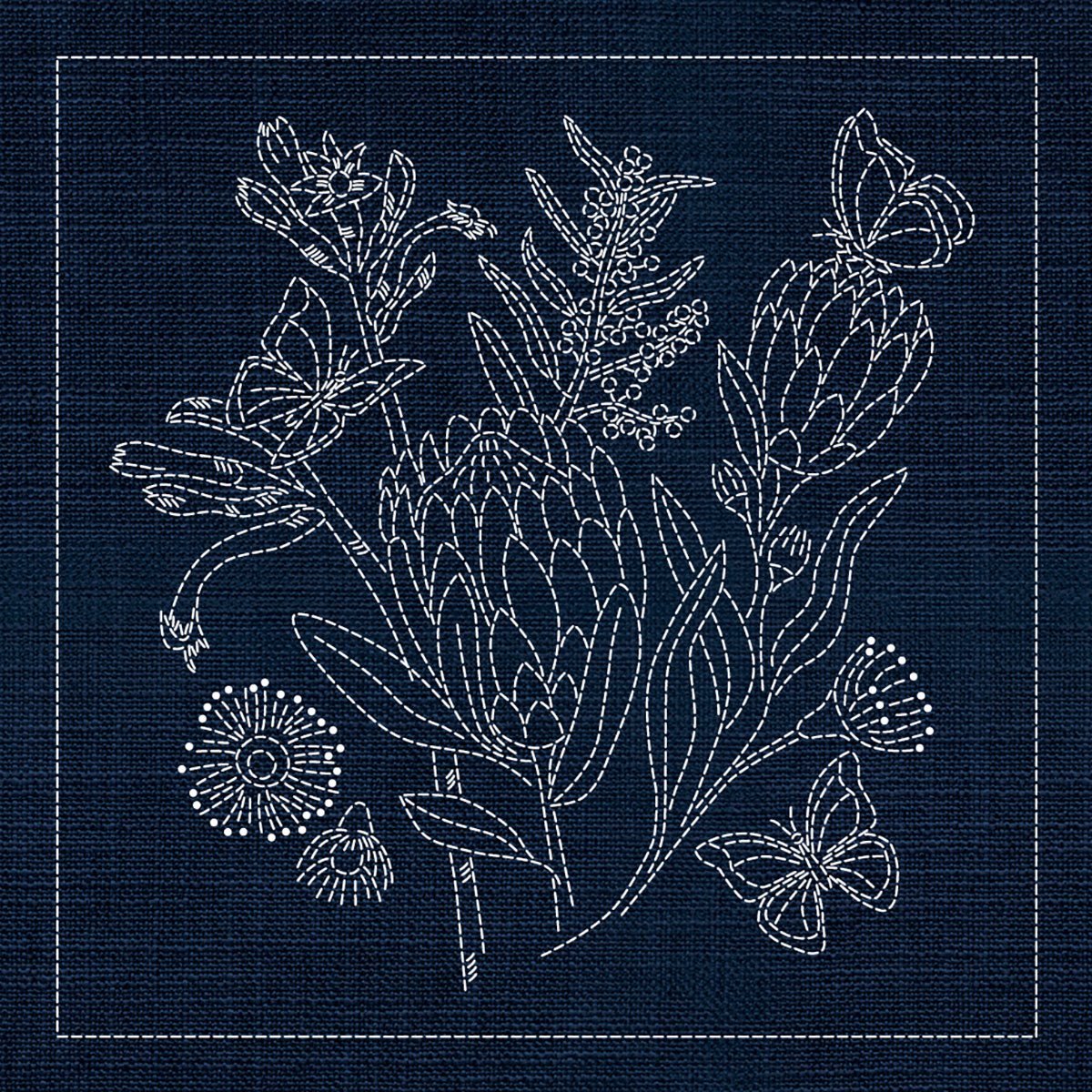 Navy_AN01 Australian Wildflower Protea and Kangaroo Paw Sashiko Panel Art Trails Tasmania Explore Your Creativity Workshops Australian Wildflowers and Slow Stitches Sashiko Workshop with Belinda Stinson of Art Trails Tasmania